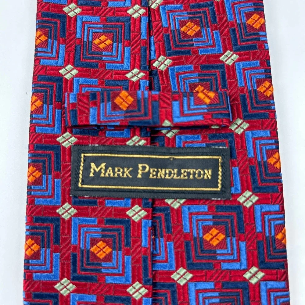 Vintage Mark Pendleton‎ Red Blue Orange Geometric 100% Silk Tie USA